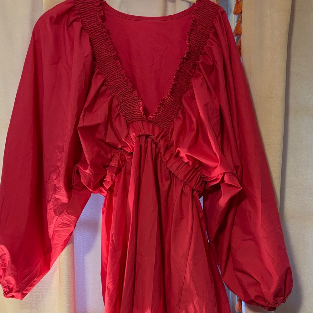Red V-Neck Long Sleeve Dress